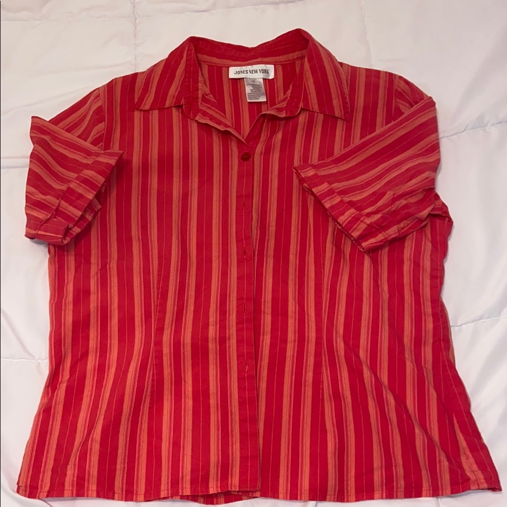 Jones New York Women's Pink and Orange Striped Button Down Shirt